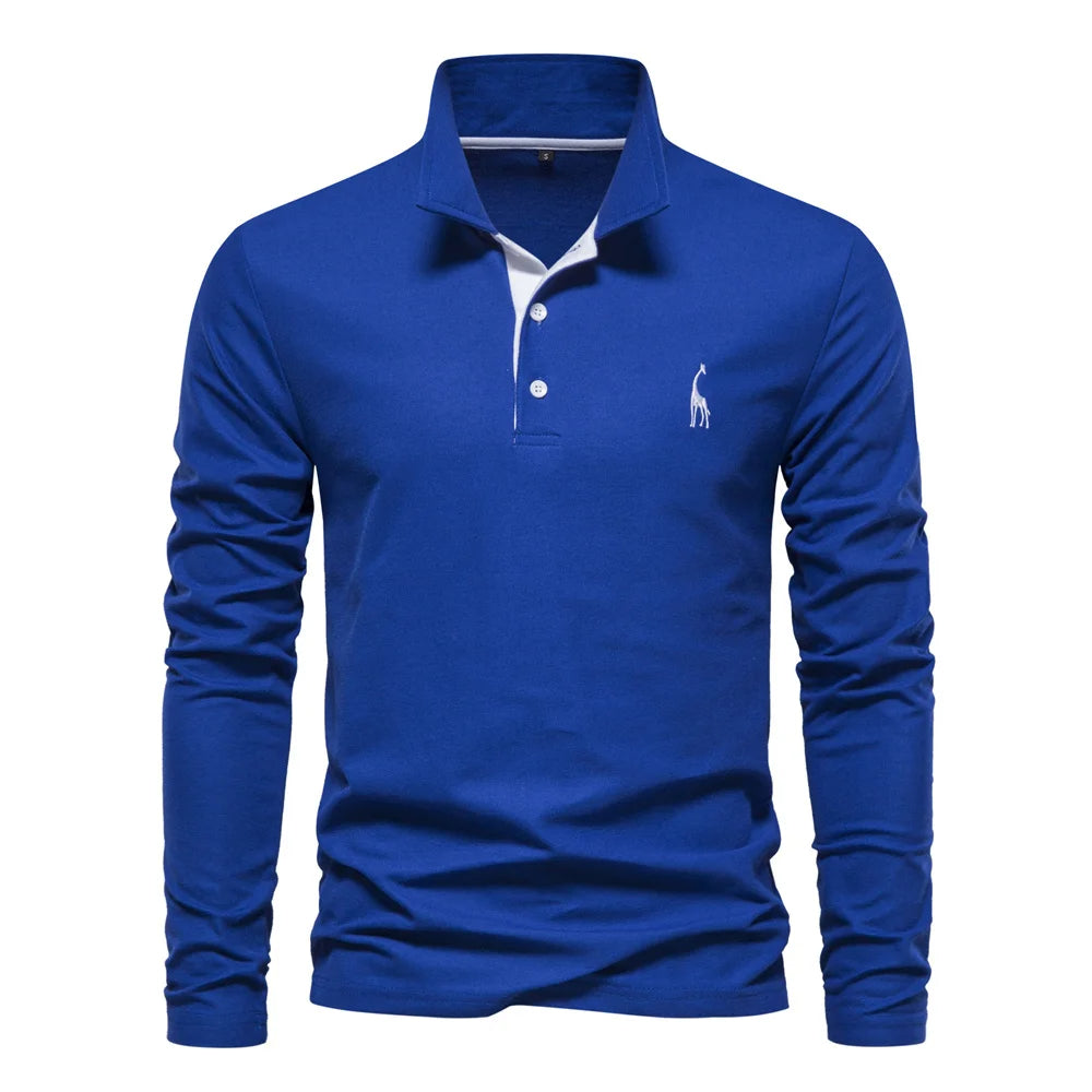 Polo homme à manches longues, broderie cerf, huit coloris, bleu