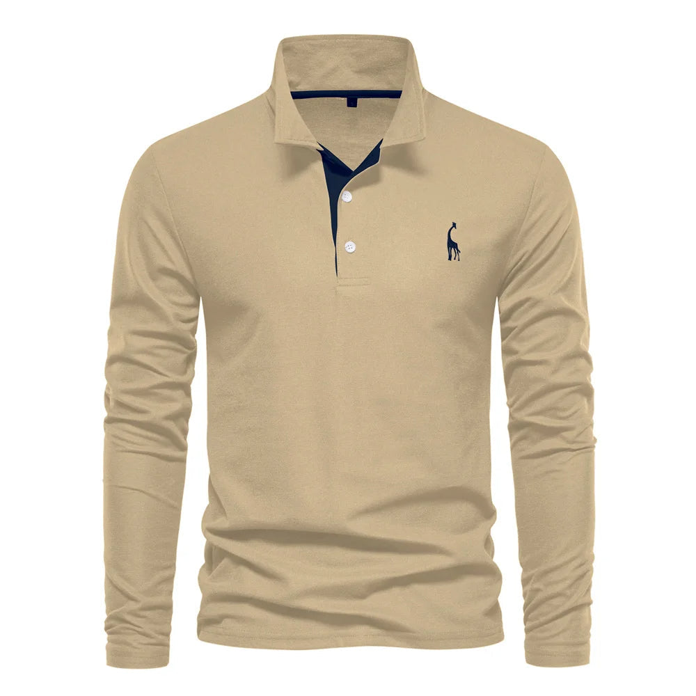 Polo homme à manches longues, broderie cerf, huit coloris, kaki