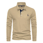 Polo homme à manches longues, broderie cerf, huit coloris, kaki
