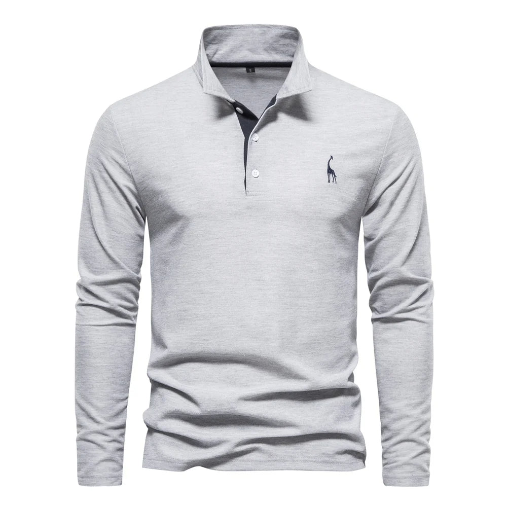 Polo homme à manches longues, broderie cerf, huit coloris, gris