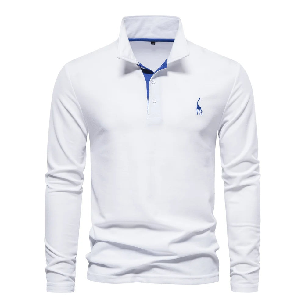 Polo homme à manches longues, broderie cerf, huit coloris, blanc