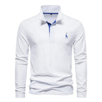 Polo homme à manches longues, broderie cerf, huit coloris, blanc