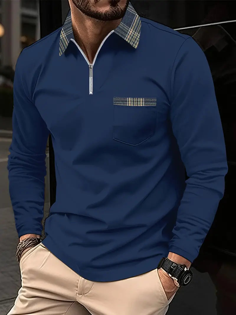 Polo homme manches longues, col zippé doublé à carreaux, bleu marine