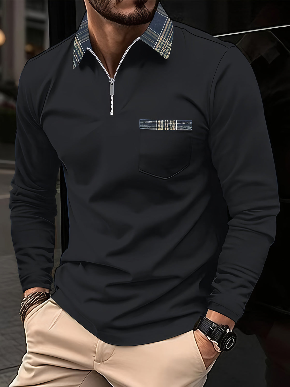 Polo homme manches longues, col zippé doublé à carreaux, noir