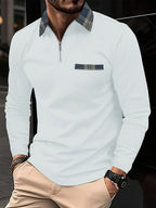 Polo homme manches longues, col zippé doublé à carreaux, blanc