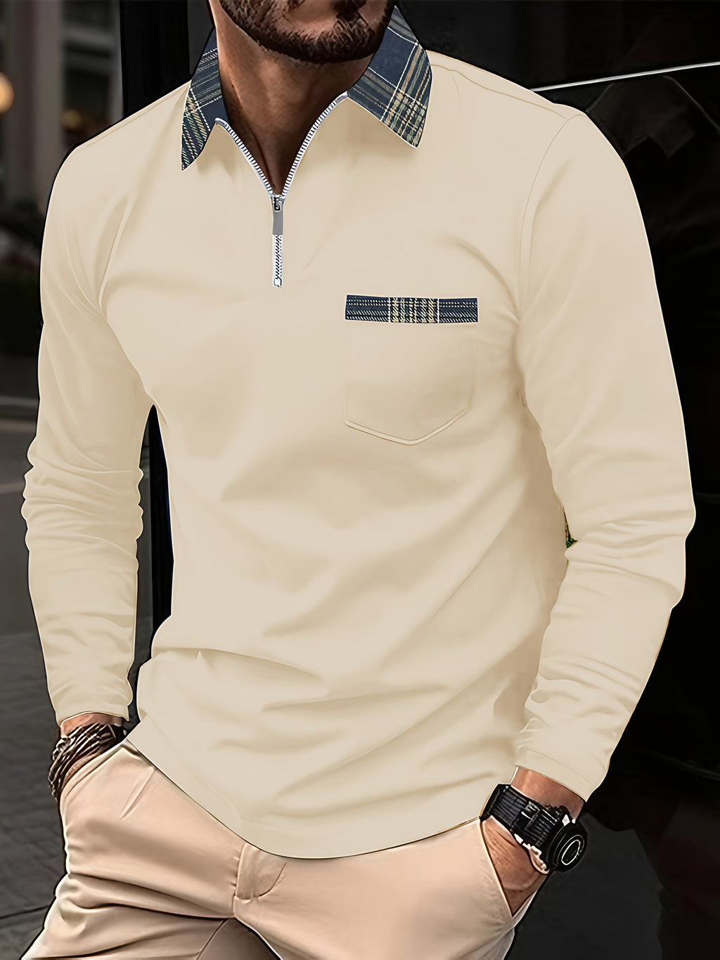 Polo homme manches longues, col zippé doublé à carreaux, abricot