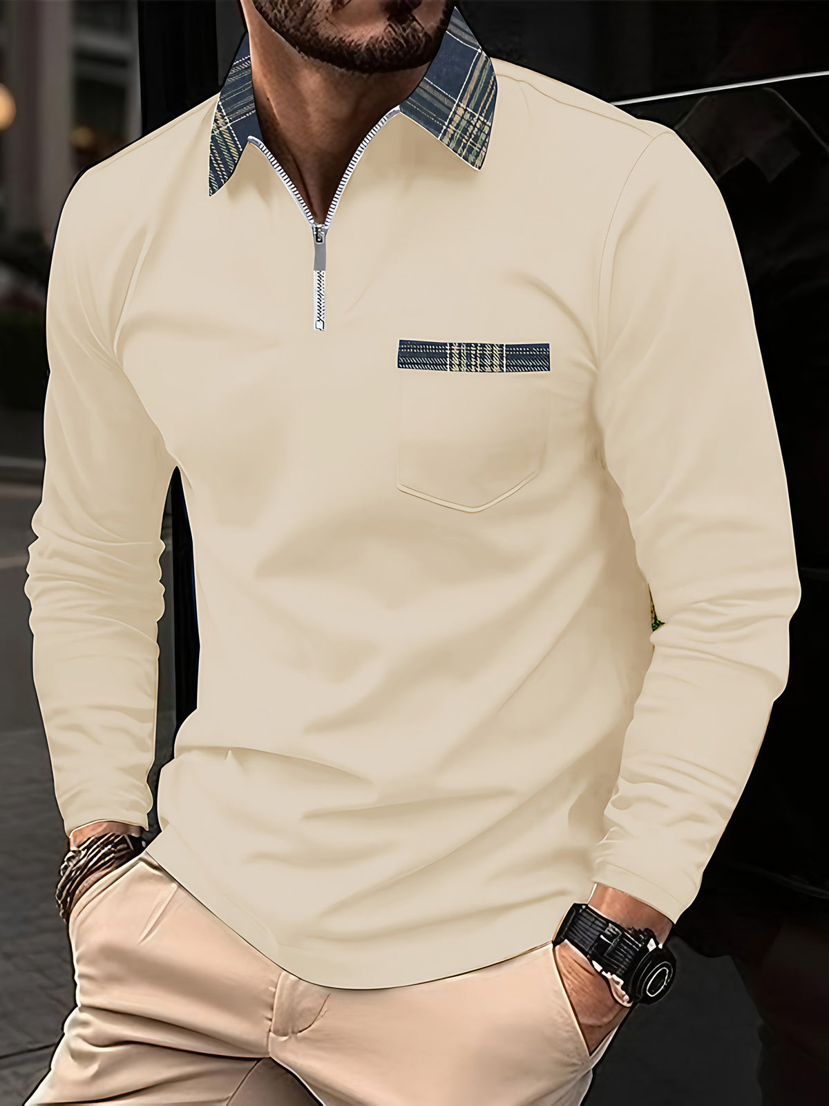 Polo homme manches longues, col zippé doublé à carreaux, abricot