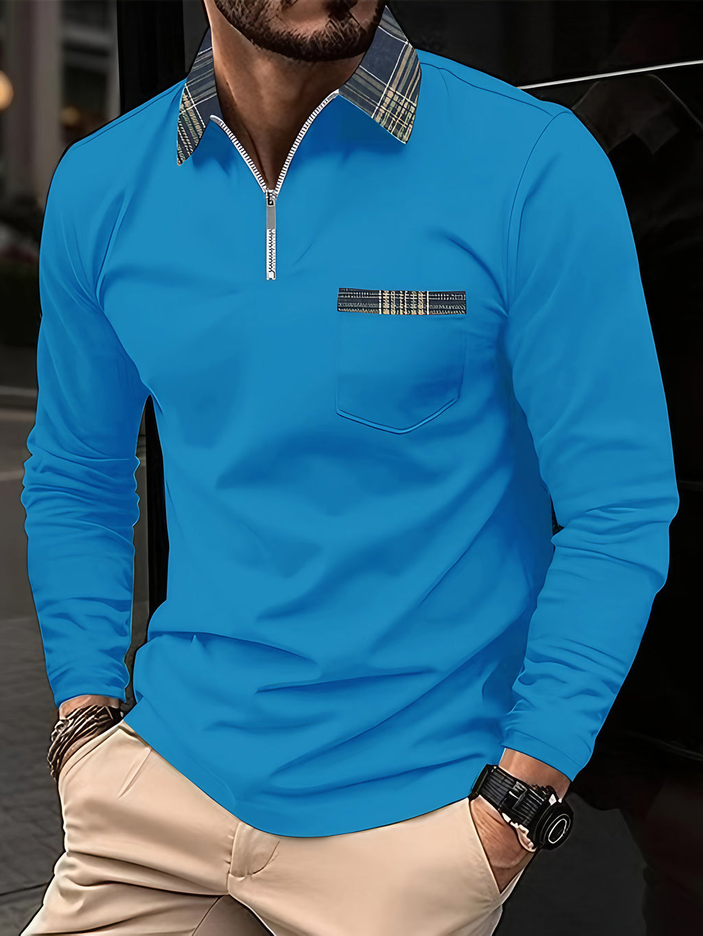 Polo homme manches longues, col zippé doublé à carreaux, bleu roi