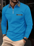 Polo homme manches longues, col zippé doublé à carreaux, bleu roi