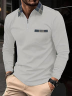 Polo homme manches longues, col zippé doublé à carreaux, gris clair