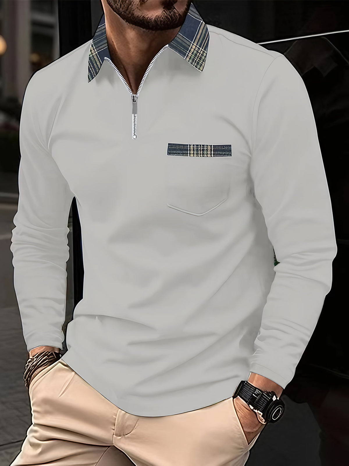 Polo homme manches longues, col zippé doublé à carreaux, gris clair