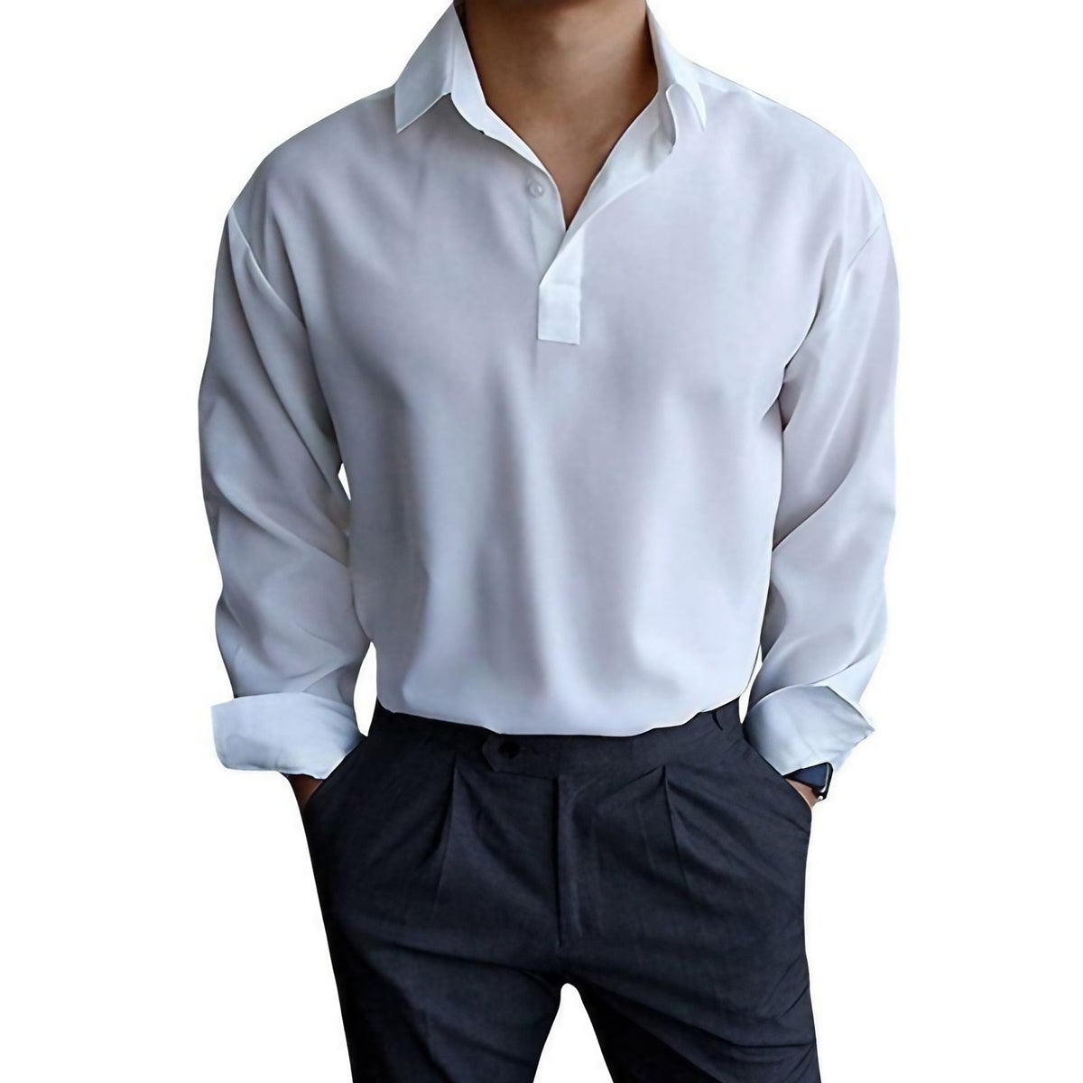 Polo homme à manches longues, col et poignets boutonnés, gris clair