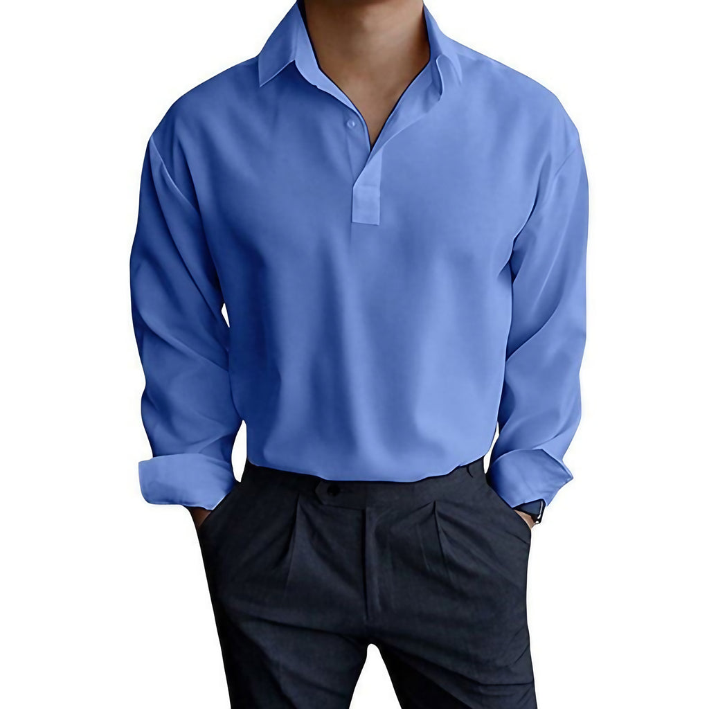 Polo homme à manches longues, col et poignets boutonnés, bleu
