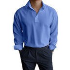 Polo homme à manches longues, col et poignets boutonnés, bleu