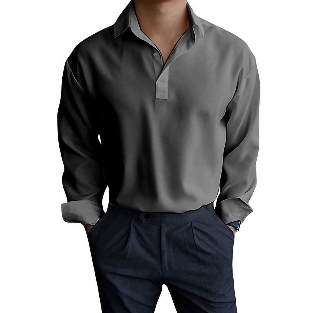Polo homme à manches longues, col et poignets boutonnés, gris