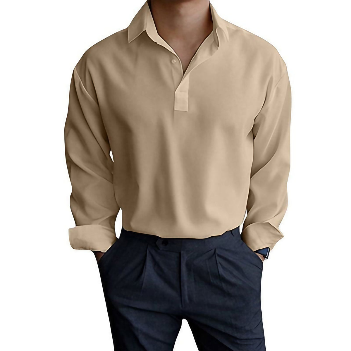 Polo homme à manches longues, col et poignets boutonnés, kaki
