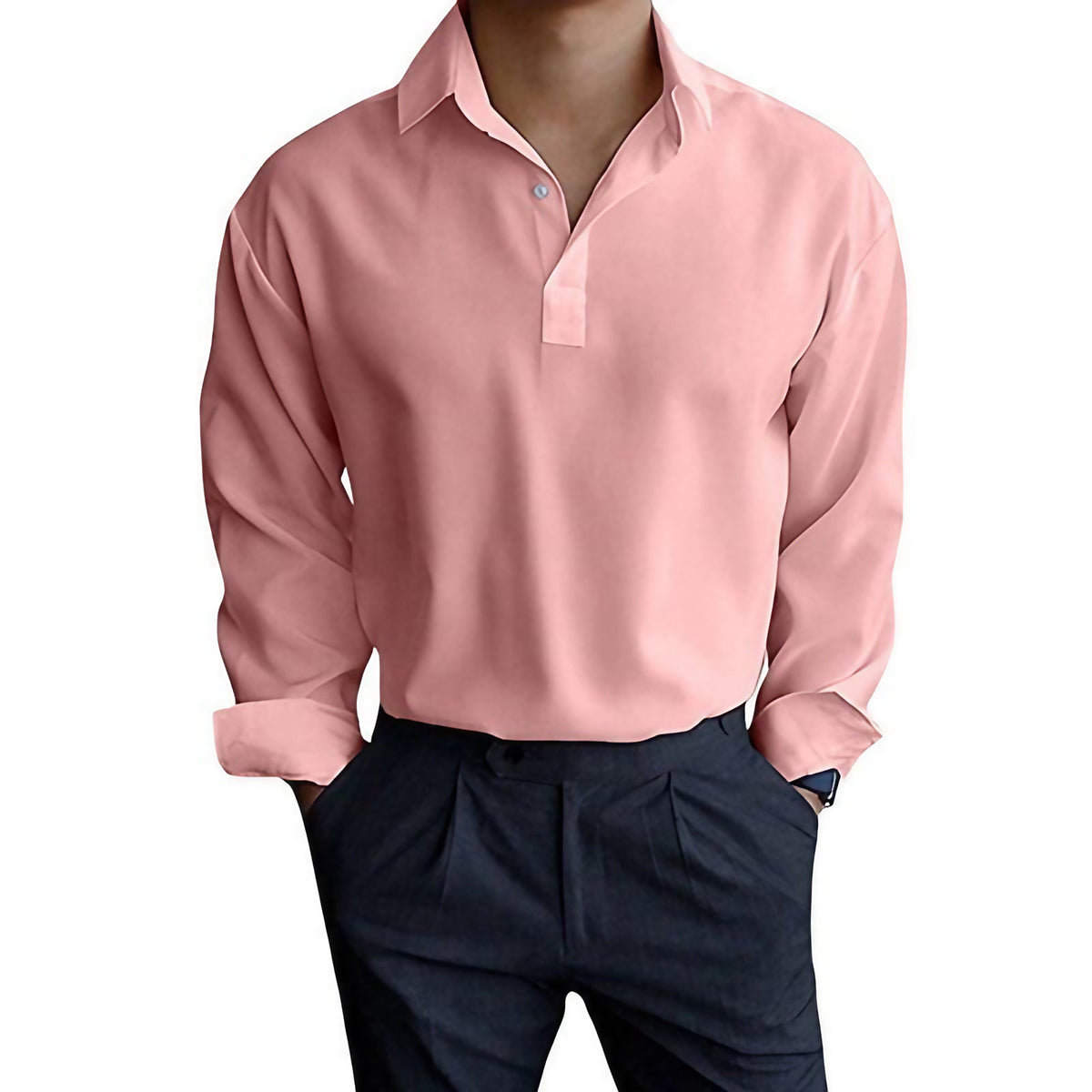 Polo homme à manches longues, col et poignets boutonnés, rose