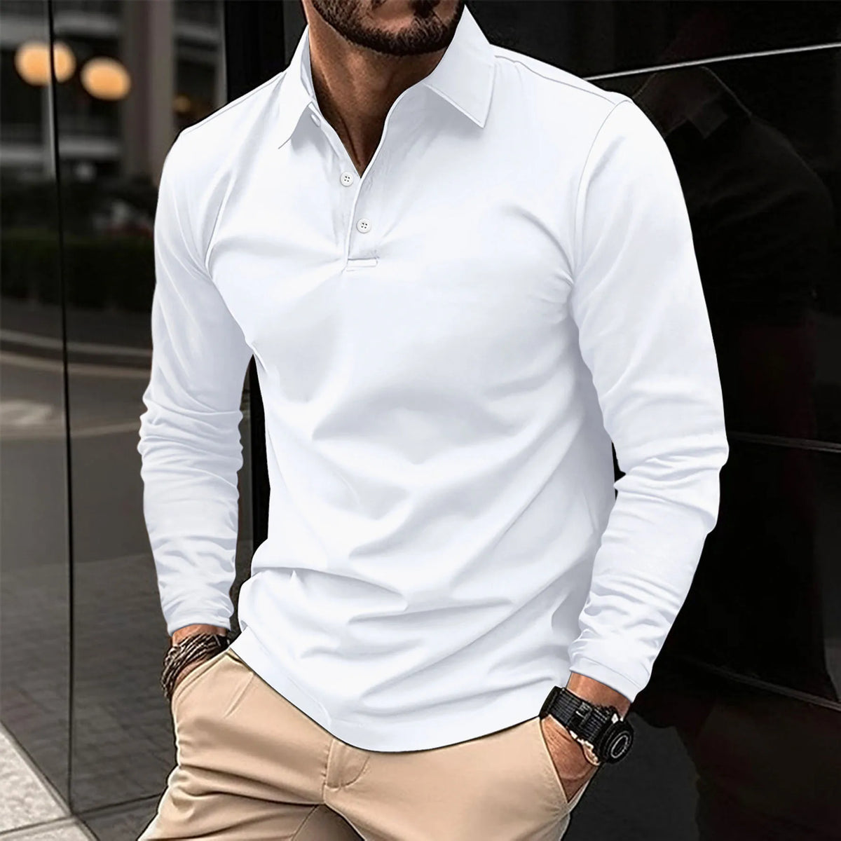 Polo chic homme à manches longues, coupe ajustée, blanc
