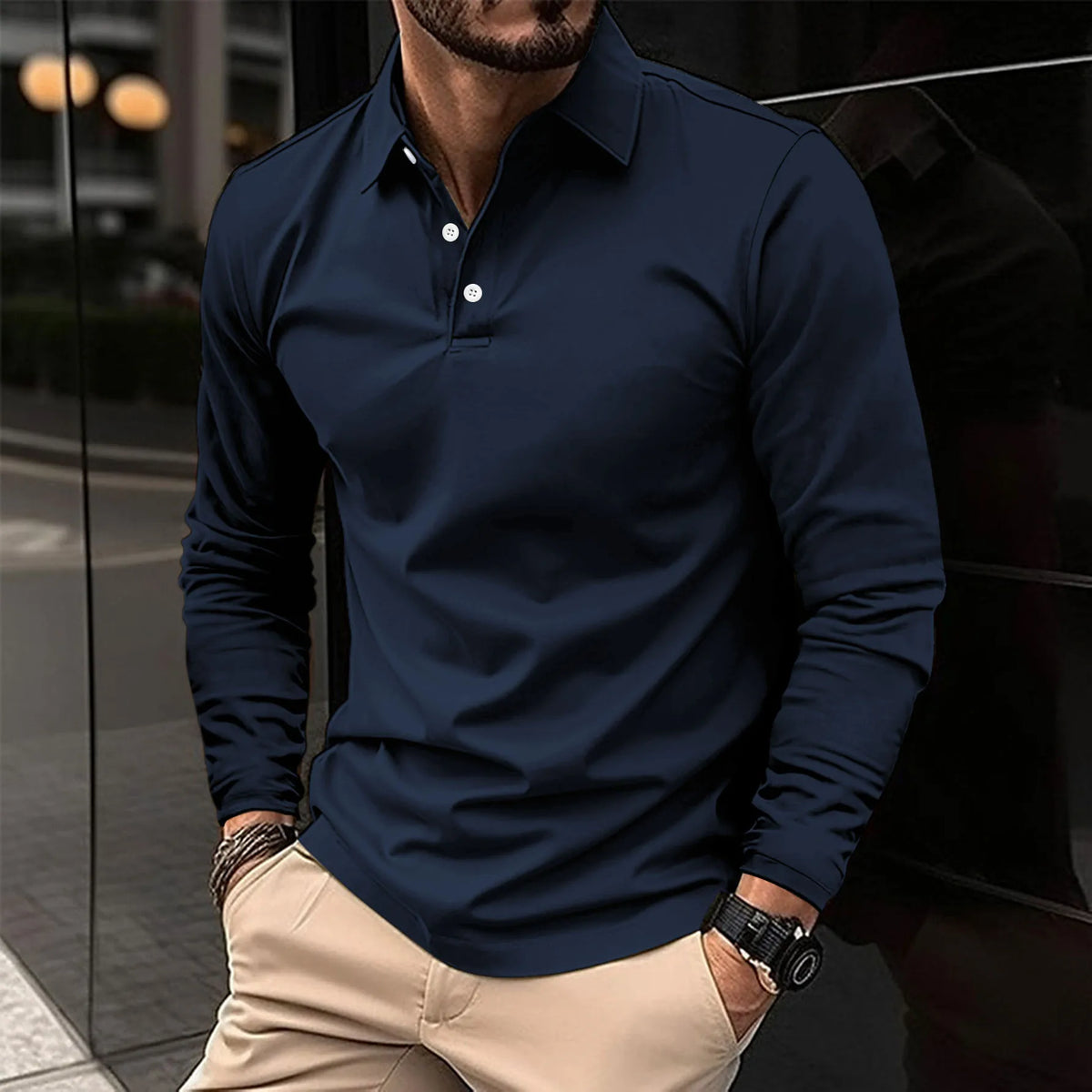 Polo chic homme à manches longues, coupe ajustée, bleu marine