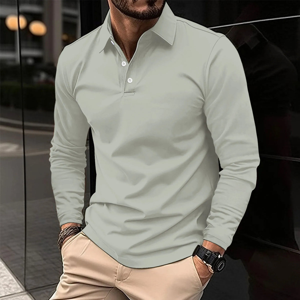 Polo chic homme à manches longues, coupe ajustée, gris