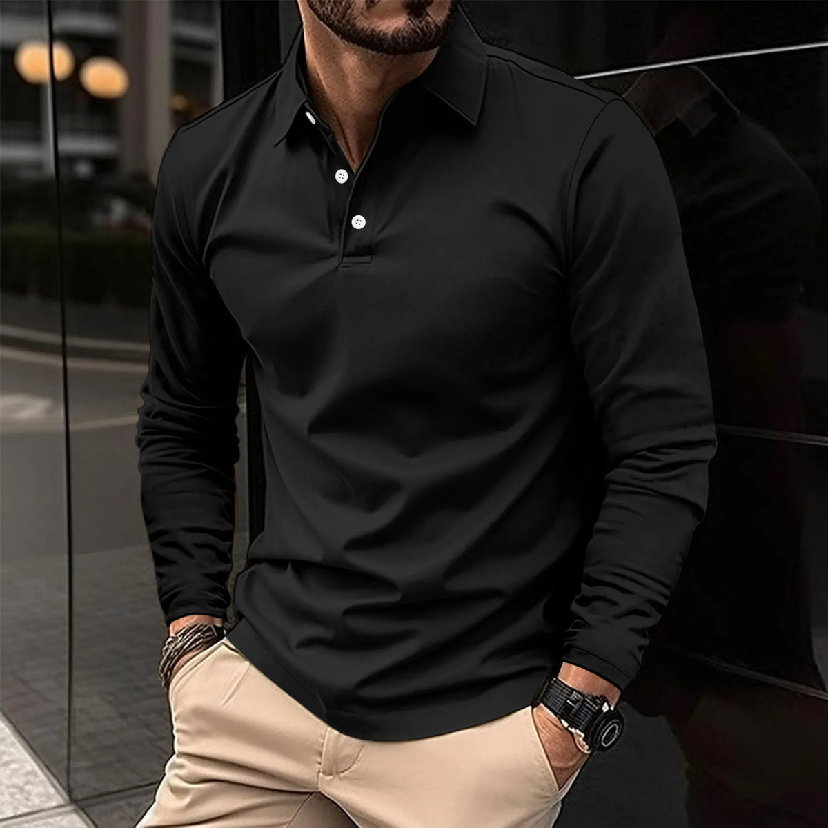 Polo chic homme à manches longues, coupe ajustée, noir
