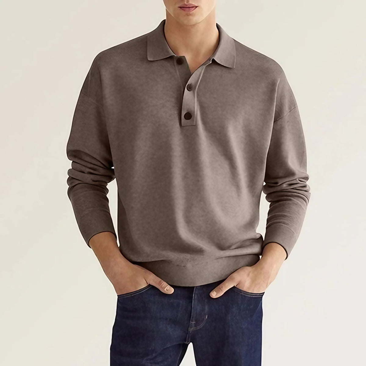 Polo manches longues homme coupe classique, huit coloris, marron foncé