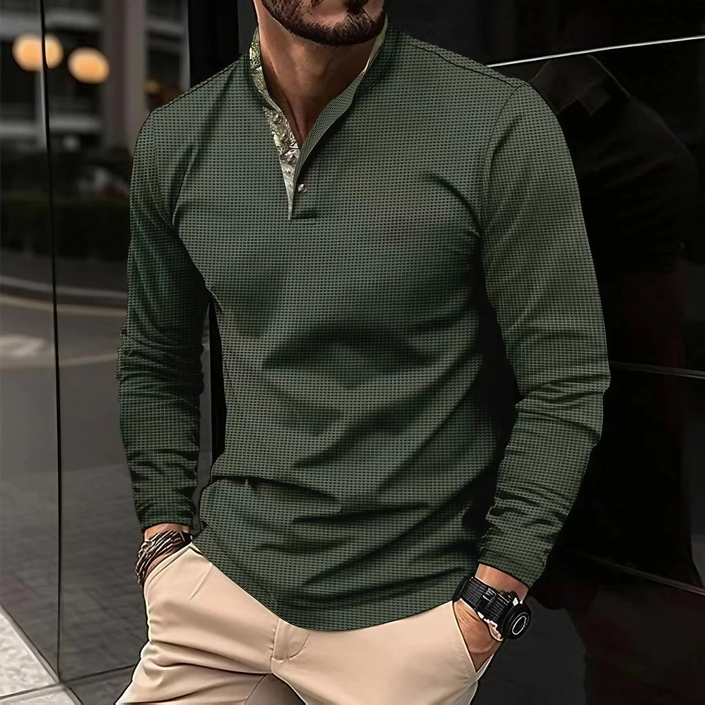 Polo homme à manches longues, col coloré, six coloris, vert armée