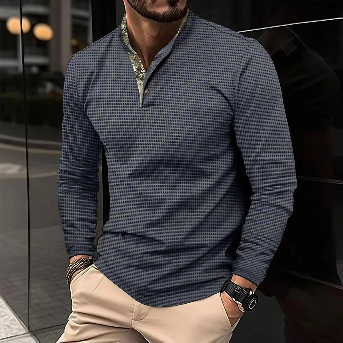 Polo homme à manches longues, col coloré, six coloris, gris