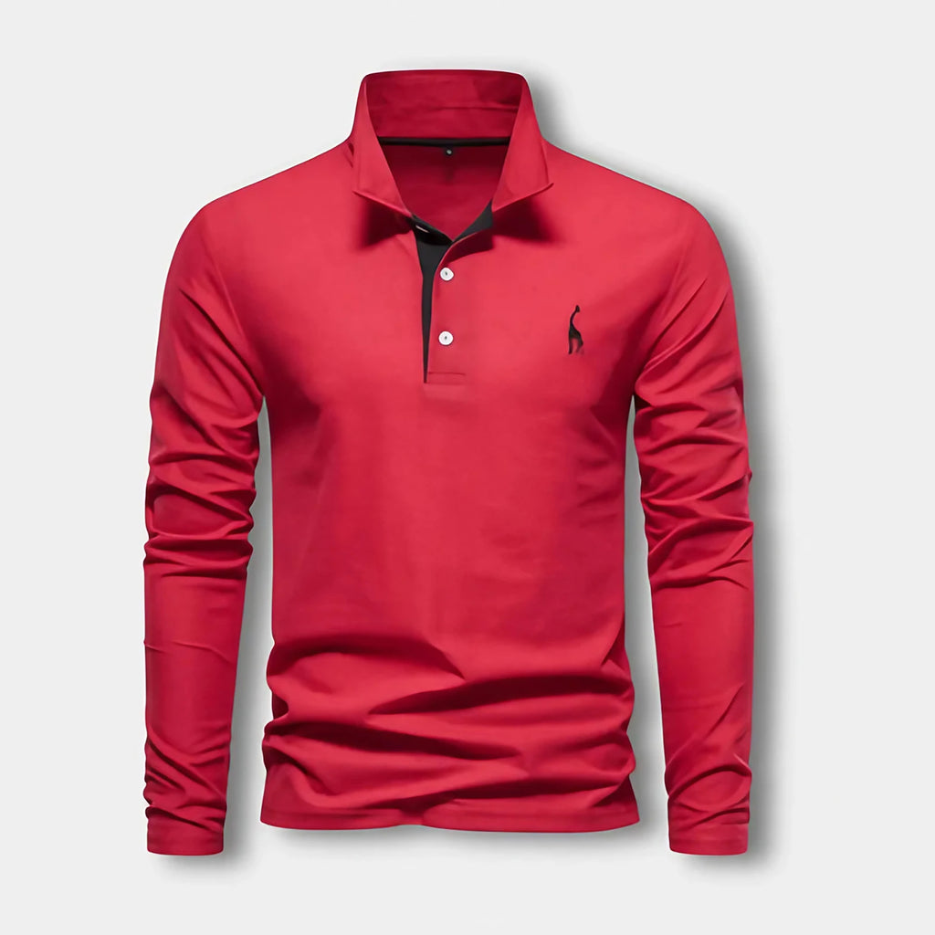 Polo homme à manches longues, col contrasté, trois boutons, rouge