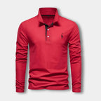 Polo homme à manches longues, col contrasté, trois boutons, rouge