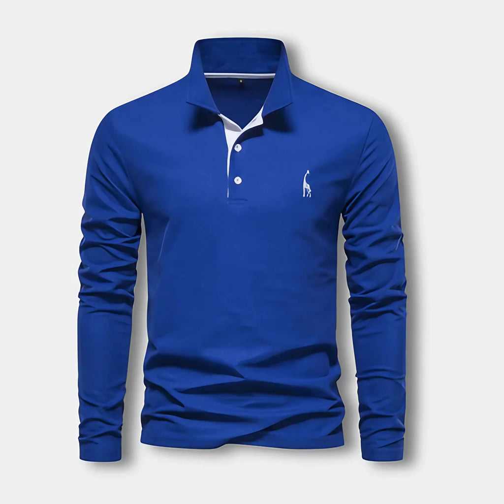 Polo homme à manches longues, col contrasté, trois boutons, bleu