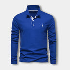 Polo homme à manches longues, col contrasté, trois boutons, bleu
