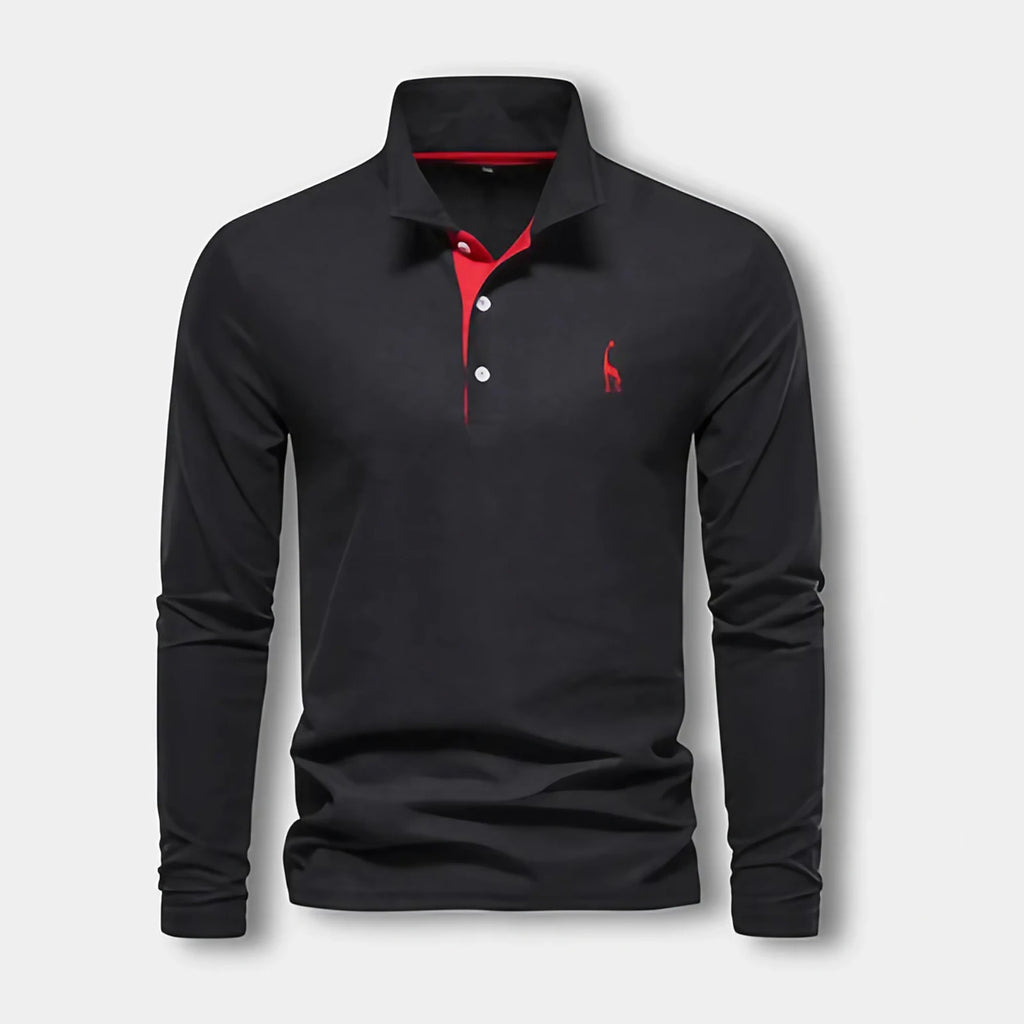 Polo homme à manches longues, col contrasté, trois boutons, noir