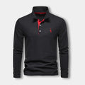 Polo homme à manches longues, col contrasté, trois boutons, noir
