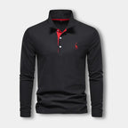 Polo homme à manches longues, col contrasté, trois boutons, noir