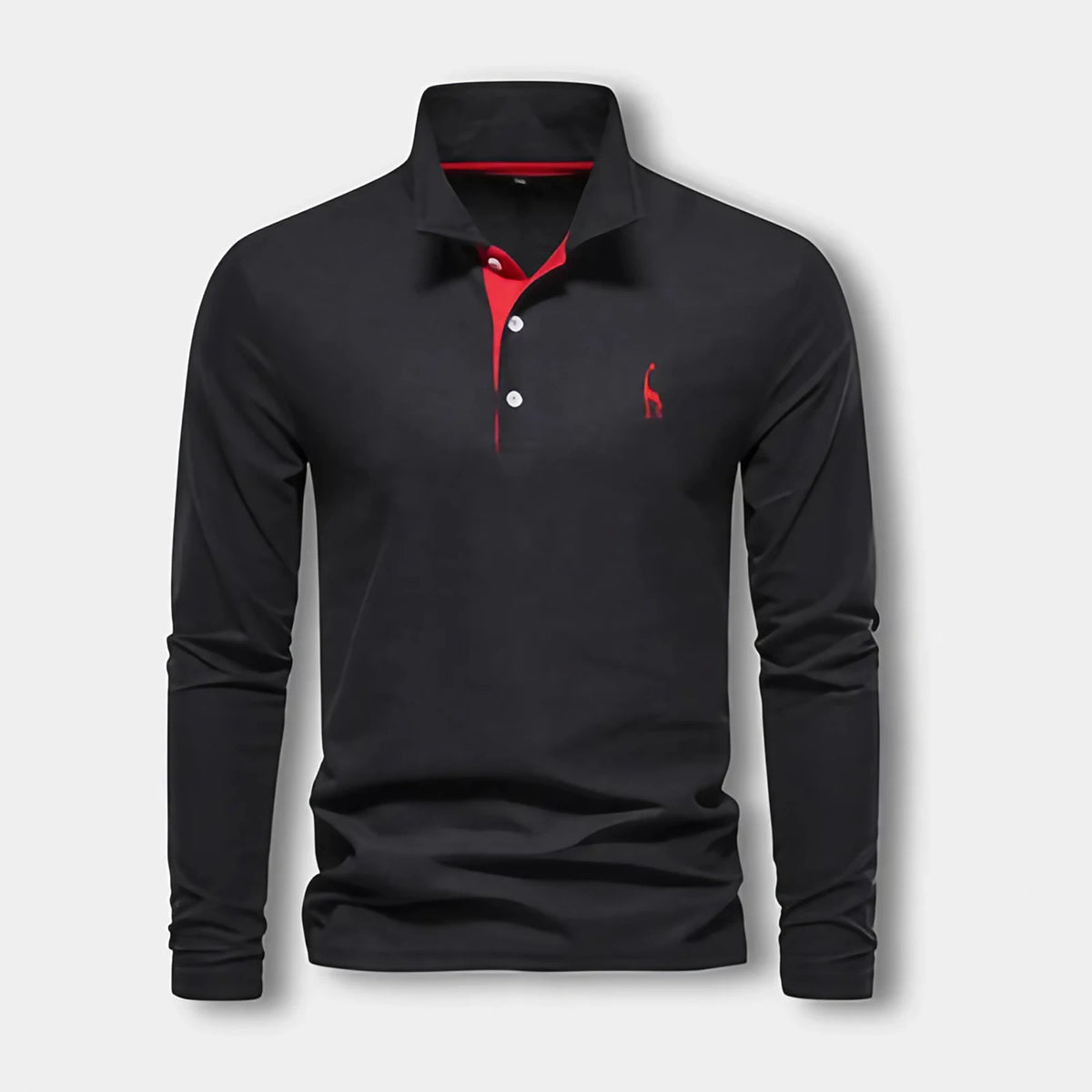 Polo homme à manches longues, col contrasté, trois boutons, noir