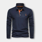 Polo homme à manches longues, col contrasté, trois boutons, bleu marine