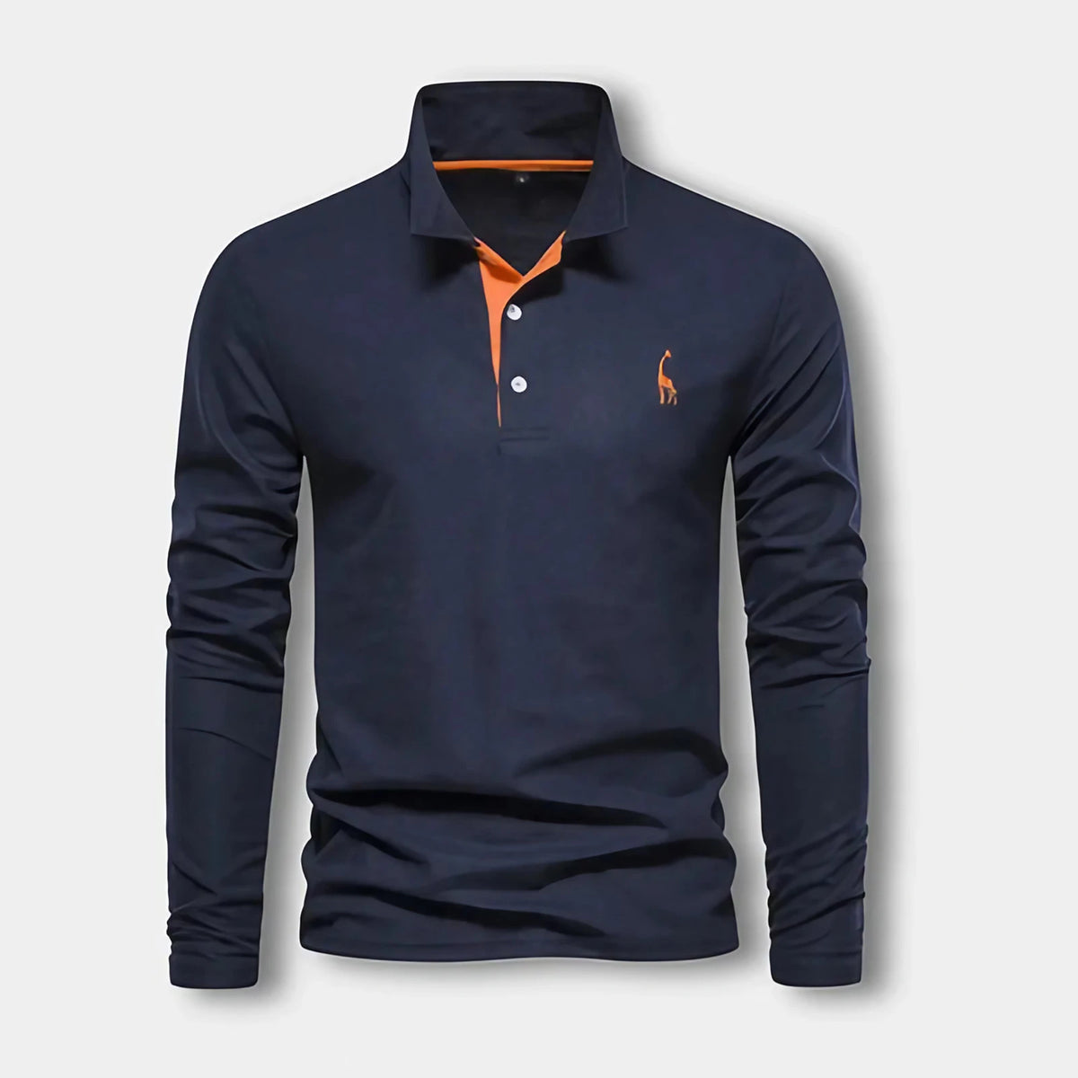 Polo homme à manches longues, col contrasté, trois boutons, bleu marine
