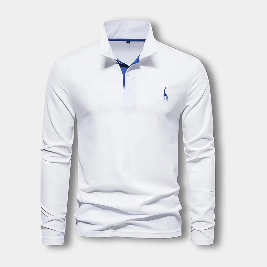 Polo homme à manches longues, col contrasté, trois boutons, blanc