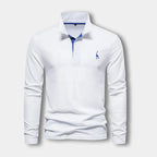 Polo homme à manches longues, col contrasté, trois boutons, blanc