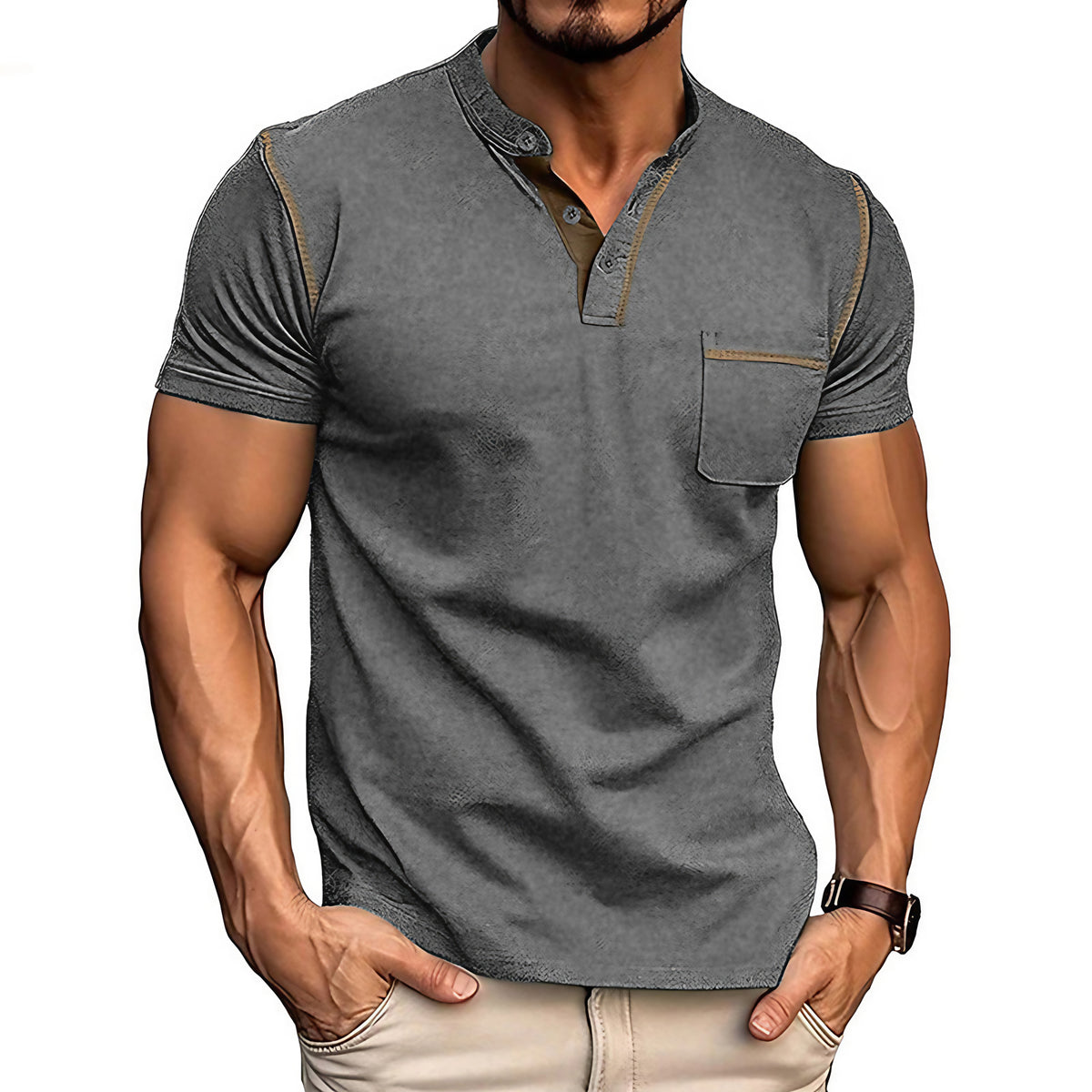 Polo homme col Henley, motif colorblock, onze coloris, gris fleuri