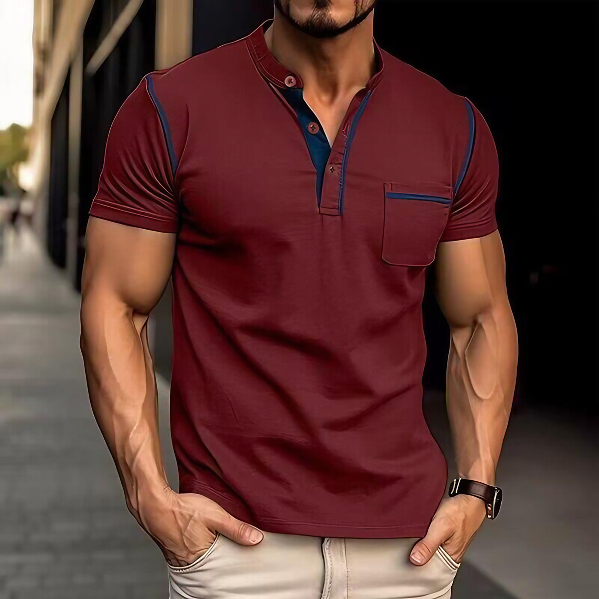 Polo homme col Henley, motif colorblock, onze coloris, rouge