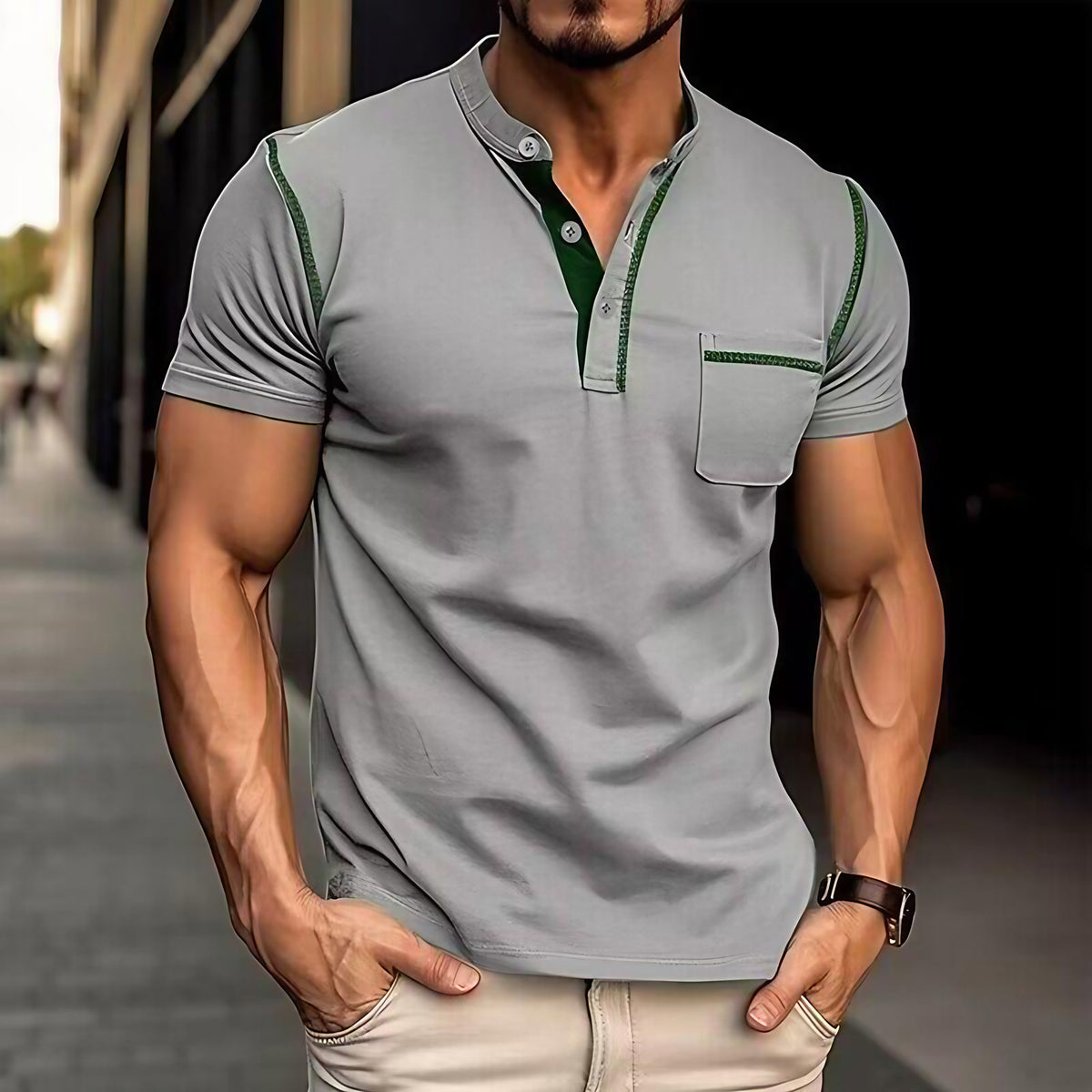 Polo homme col Henley, motif colorblock, onze coloris, gris