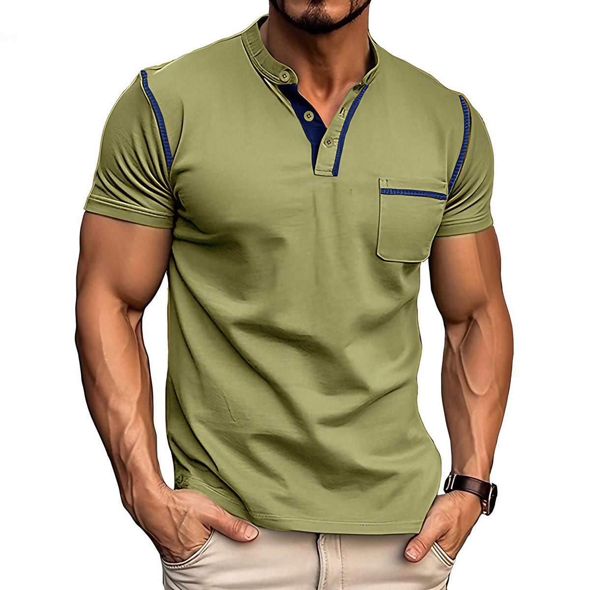 Polo homme col Henley, motif colorblock, onze coloris, vert clair