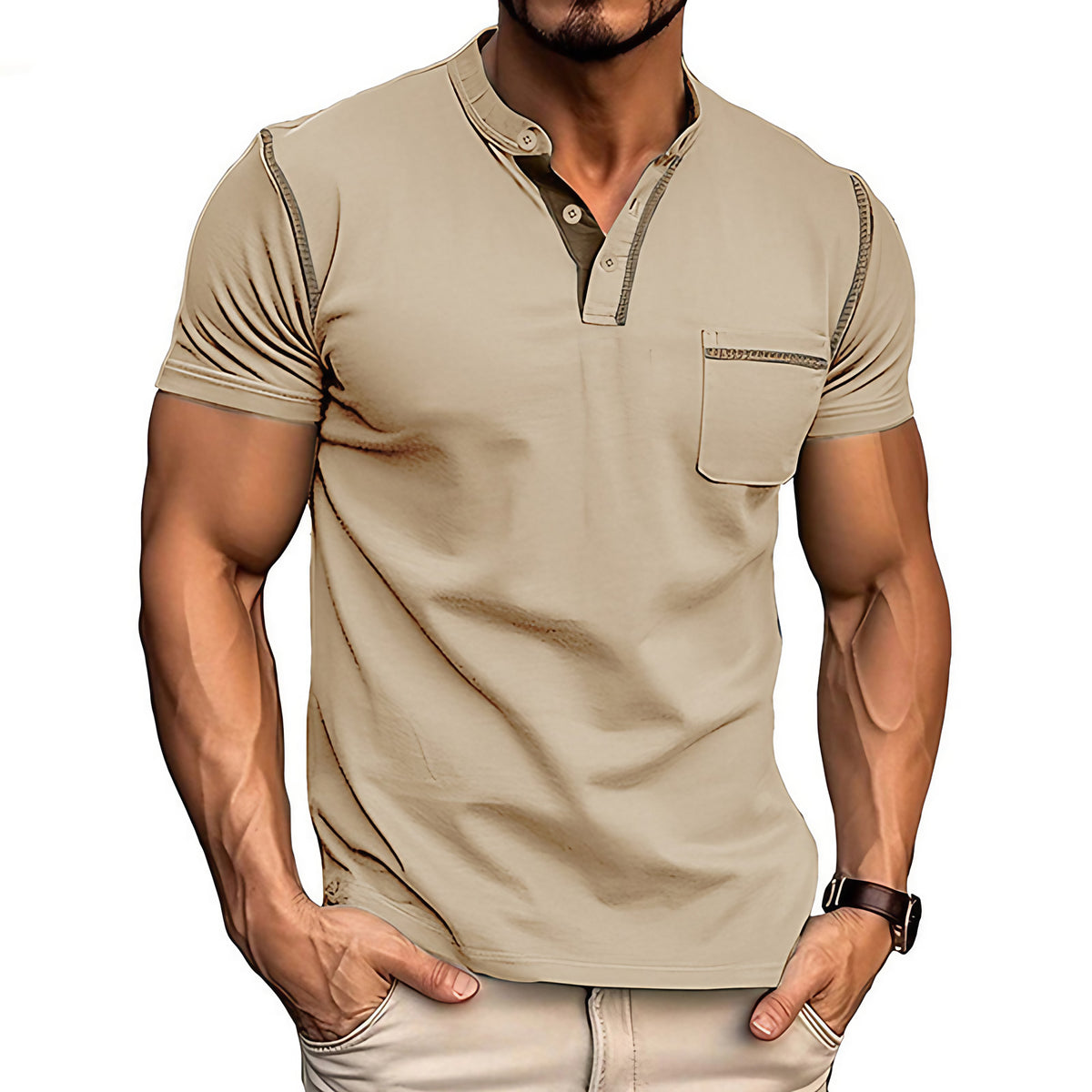 Polo homme col Henley, motif colorblock, onze coloris, kaki