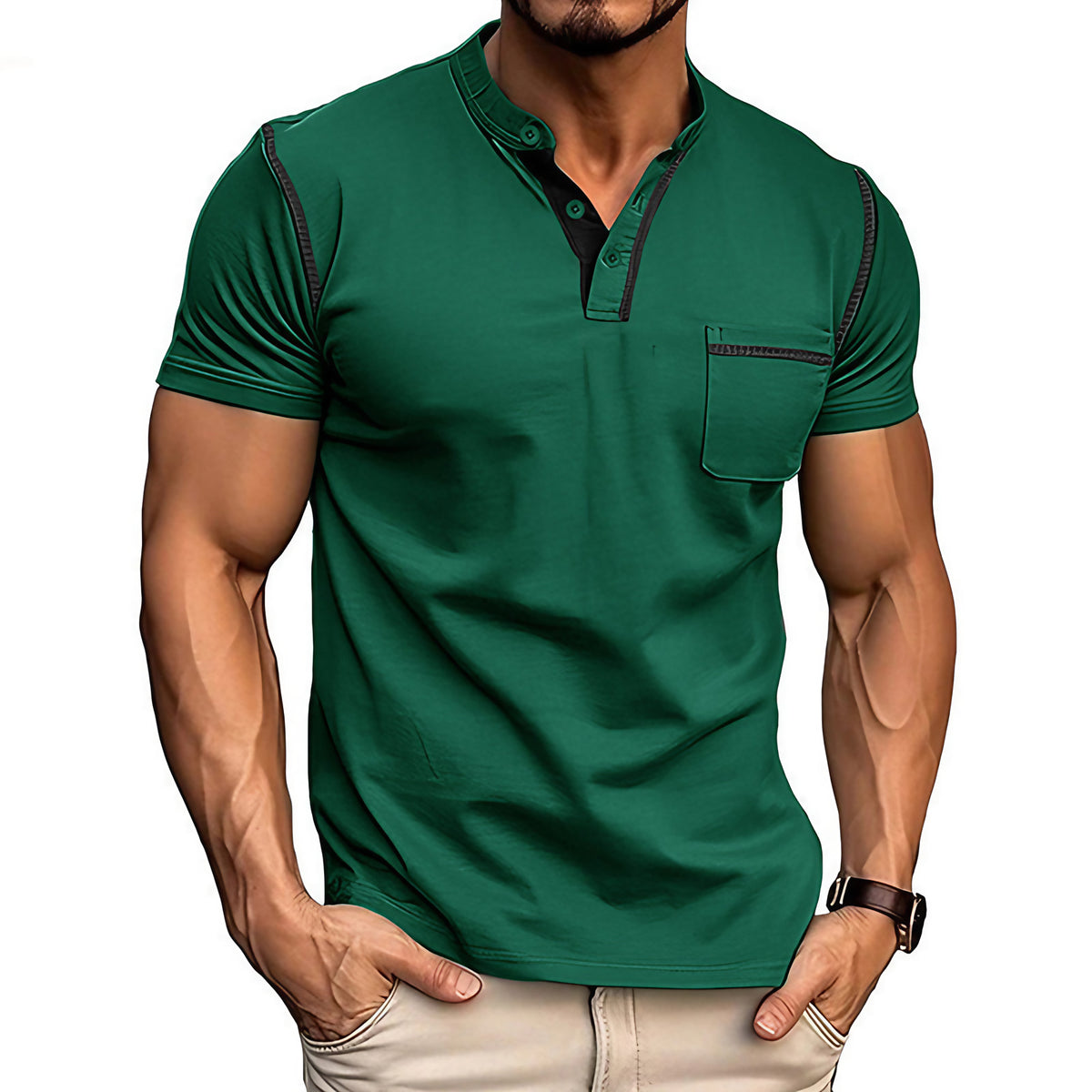 Polo homme col Henley, motif colorblock, onze coloris, vert