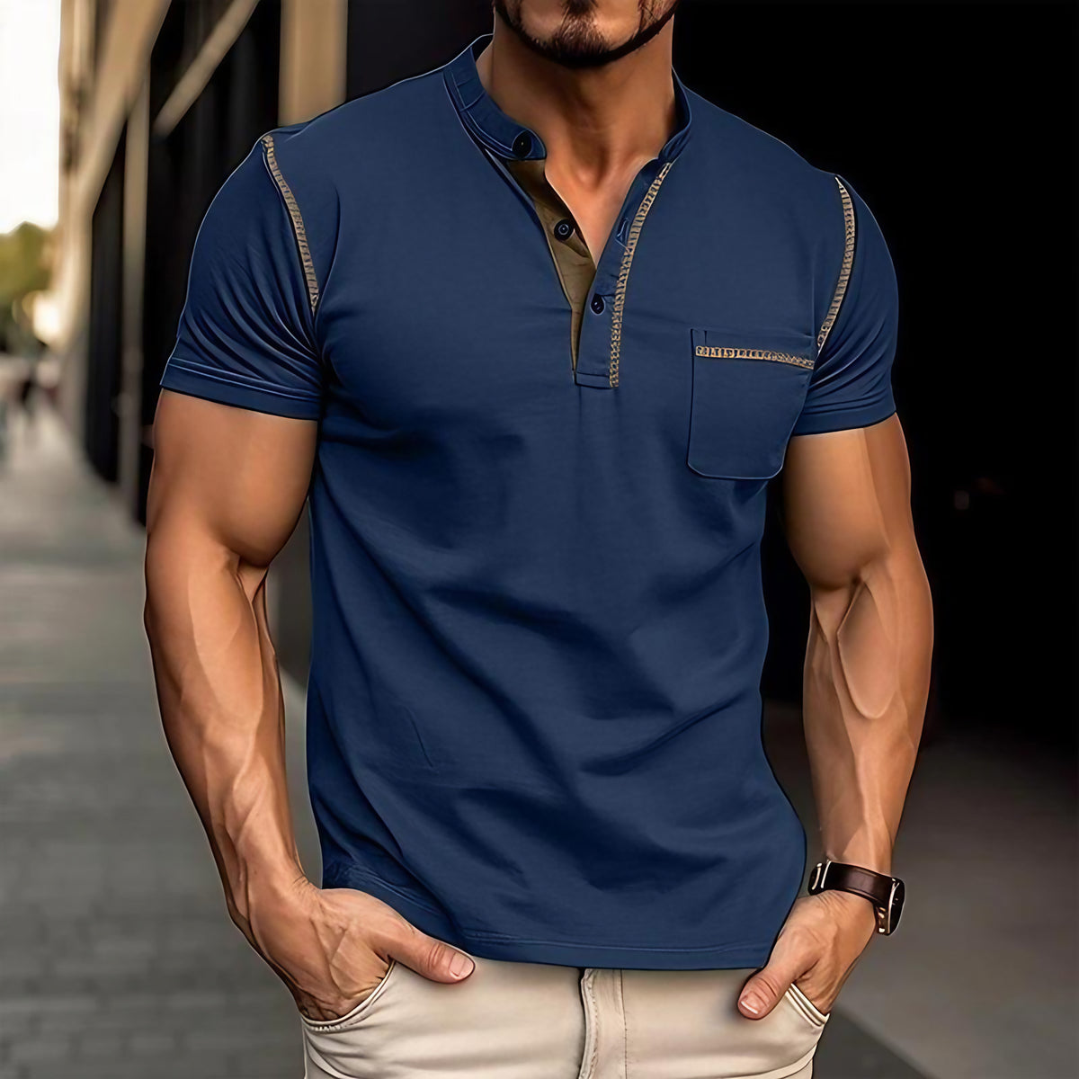 Polo homme col Henley, motif colorblock, onze coloris, bleu foncé