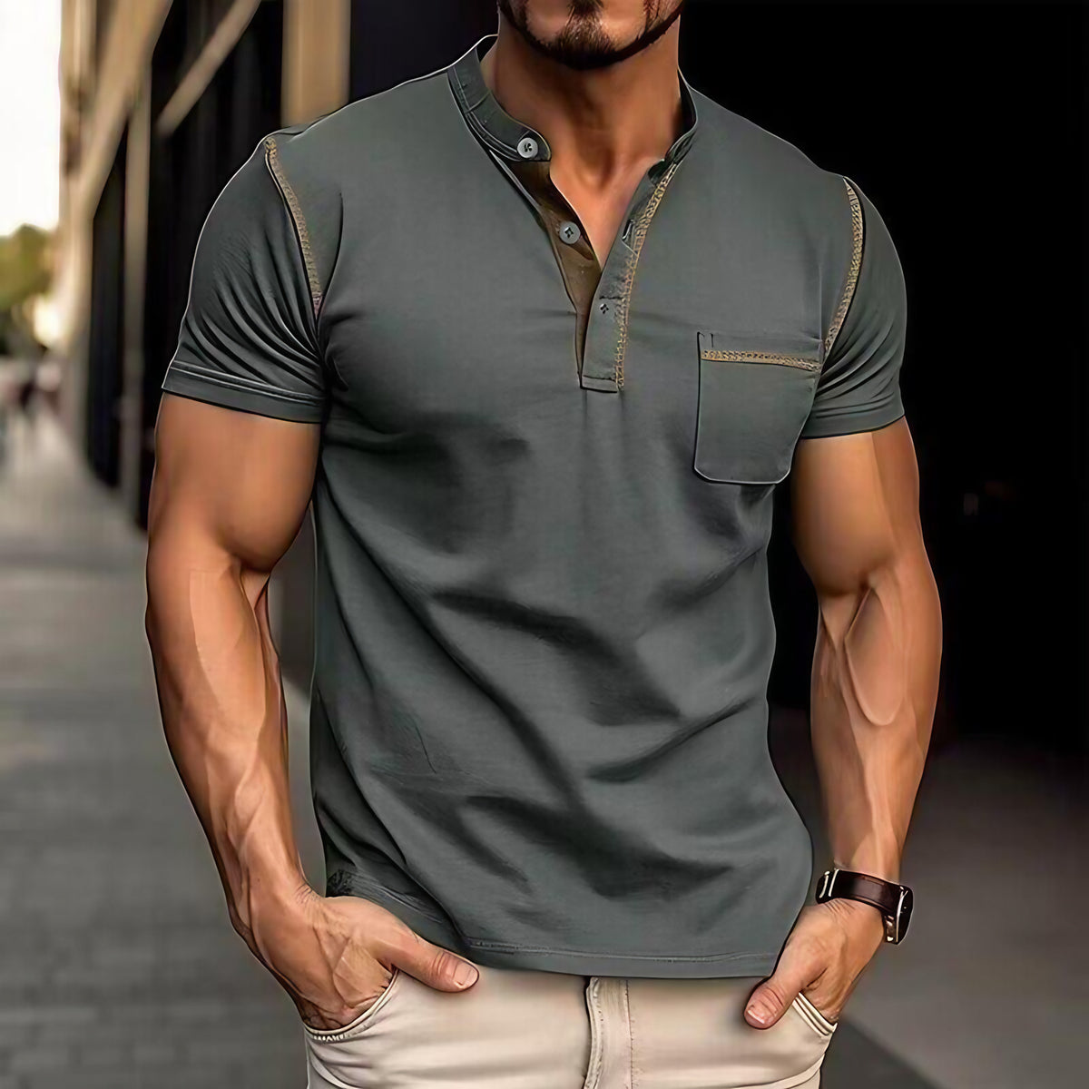Polo homme col Henley, motif colorblock, onze coloris, gris foncé
