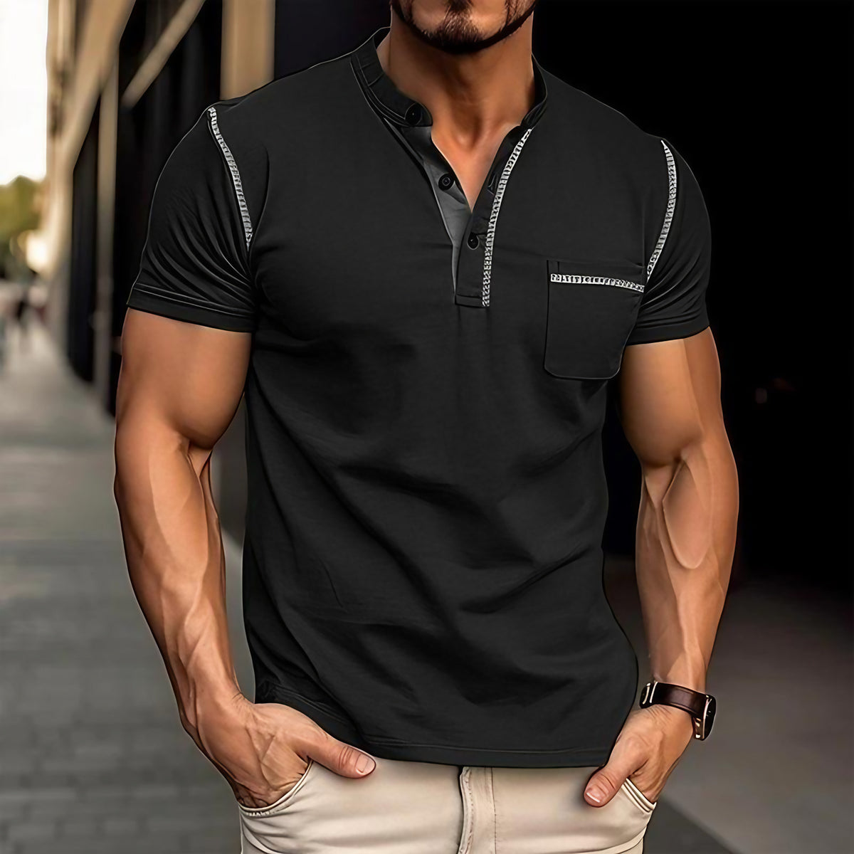 Polo homme col Henley, motif colorblock, onze coloris, noir