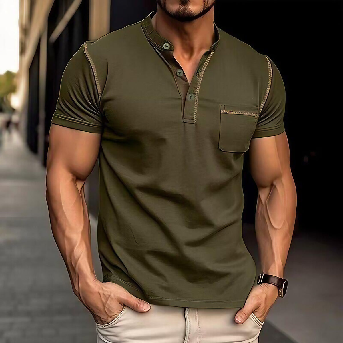 Polo homme col Henley, motif colorblock, onze coloris, vert armée